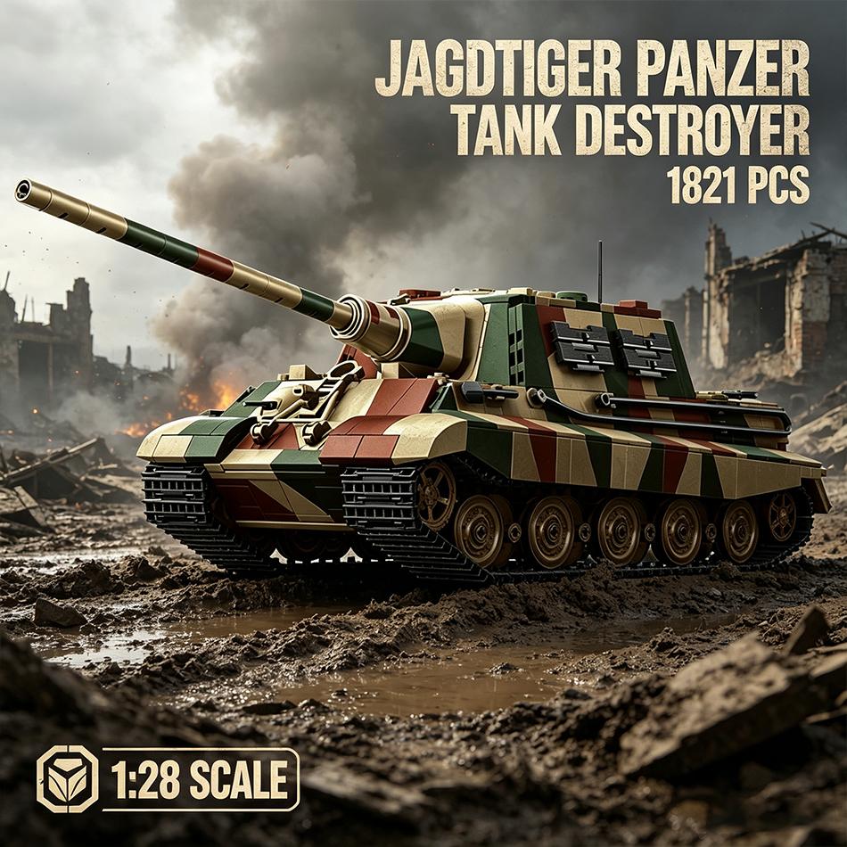 1821 PCS 1944 Jagdtiger Tank Destroyer Building Blocks German Military Panzer Tiger Ausf. B Tank with Soldiers Bricks Toys Gifts