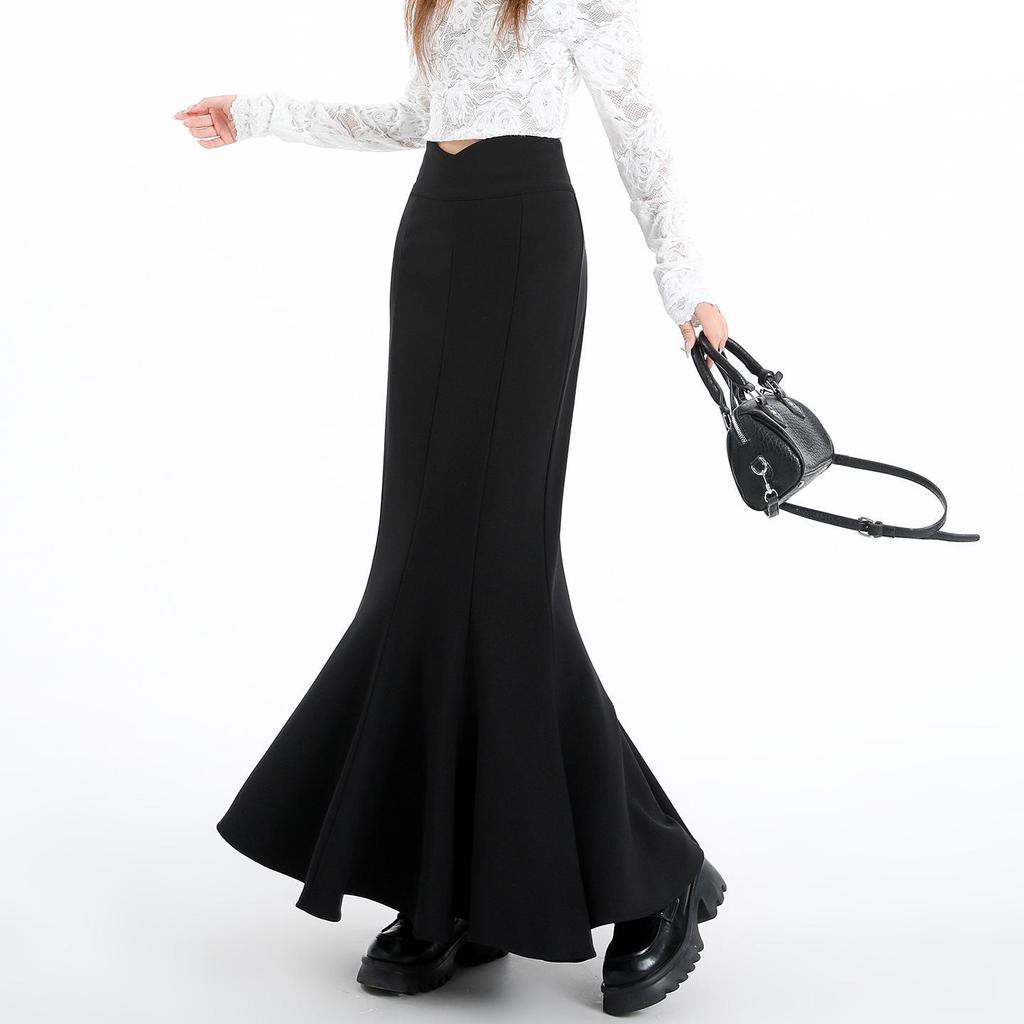 Women's Spring High Waist Elastic Fishtail Long A-line Skirt - Slimming, Large Hem, Hip-Hugging Design