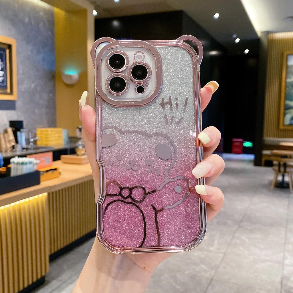 For iPhone 16 Pro Case Cute Bear Electroplating TPU Phone Cover with Gradient Glitter Paper