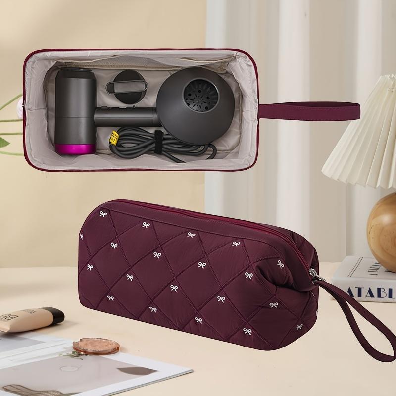 Hair Dryer Storage Bag For Travel Cute Bow Embroidery Quilted Hair Tools Waterproof Zipper Cosmetic Bags