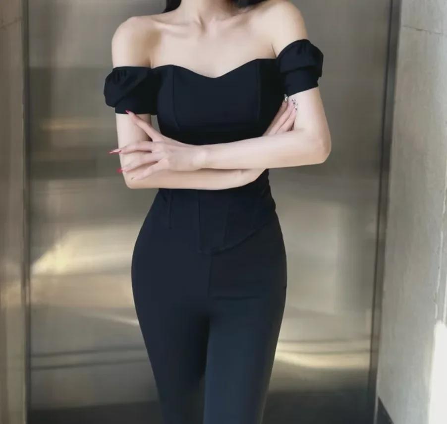 European & American Street Style Off-Shoulder Short Sleeve Bustier Top with Fishbone Corset and Padded Bandeau for Women