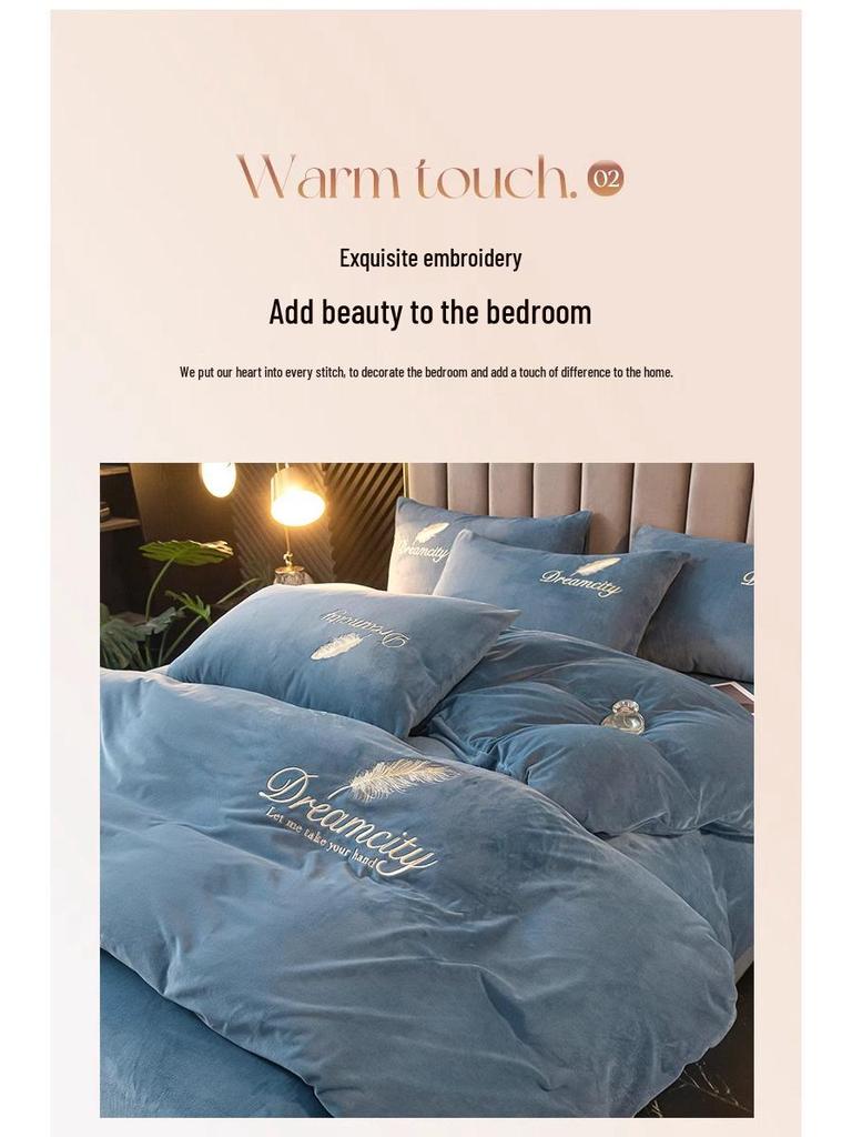Coral Fleece Milk Velvet Winter Bedding Set: Thickened Embroidered Duvet Cover and Bed Sheet for Dorms.