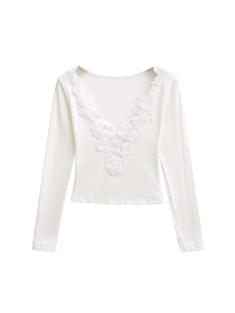 Spicy Girl Lace Patchwork Deep V-Neck Long Sleeve T-Shirt for Women - Slim Fit Brushed Base Layer for Autumn/Winter
