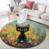 Black Cat in Flowers Round Area Rug,Carpet Rug for Living Room Bedroom Sofa Playroom Decor,Non-slip Floor Mat