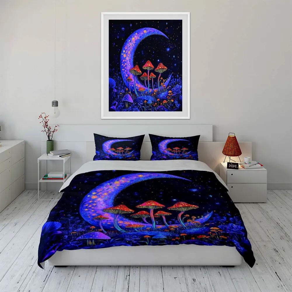 Fantasy Moon and Mushrooms Set Soft Comfortable Duvet Cover Bedding Set Included 1*Duvet Cover & 2*Pillowcases Gift