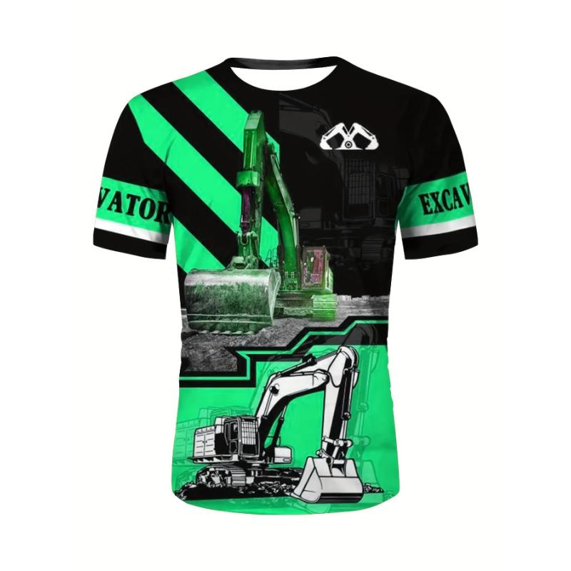 Summer Fashion Excavator Pattern Printed Men's T-shirt Short sleeved Daily Outdoor Leisure Round Neck Short Sleeve