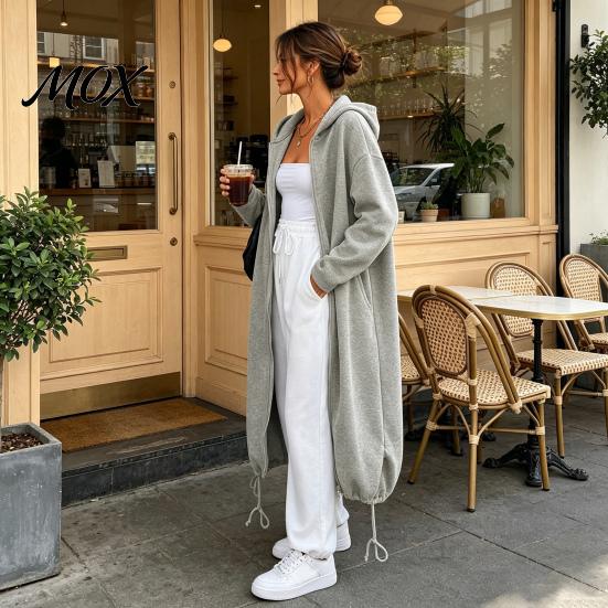 Women Outdoor Coats Long Hooded Jacket for Fall Winter, Loose Oversized Casual Autumn Zip-Up Outerwear Coat, Solid Color Tunic Hoodie Top with Pockets