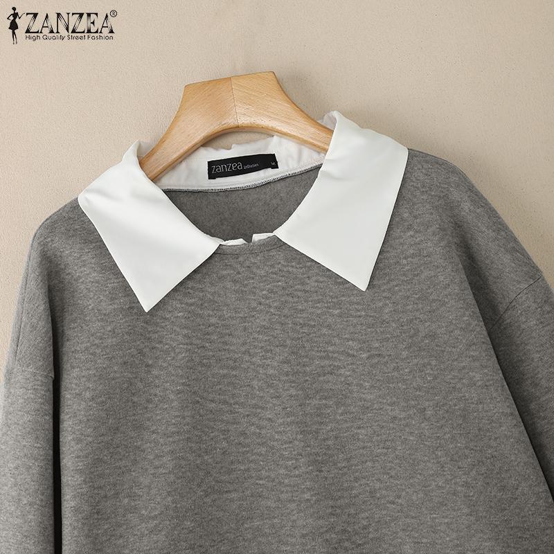 ZANZEA Damen Umlegekragen Langarm Patchwork Pullover Dünnes Sweatshirt