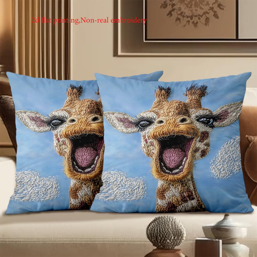 2D Flat Printing Cute Giraffe Pattern Blue Cushion Pillow Decor Polyester Pillowcase Sofa Decorative Cushion Cover