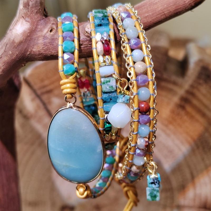 Bohemian Style Natural Amazonite Creative Hand-woven Vintage Bracelet, Three-layer Adjustable Floral Clasp, Suitable for Both Men and Women.