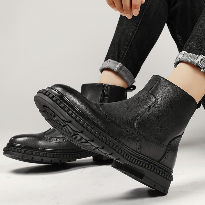 Side Zipper Men High Top Casual Shoes Luxury Chelsea Boots Genuine Leather Men's Ankle Boots High Grade Winter Plush Snow Boots