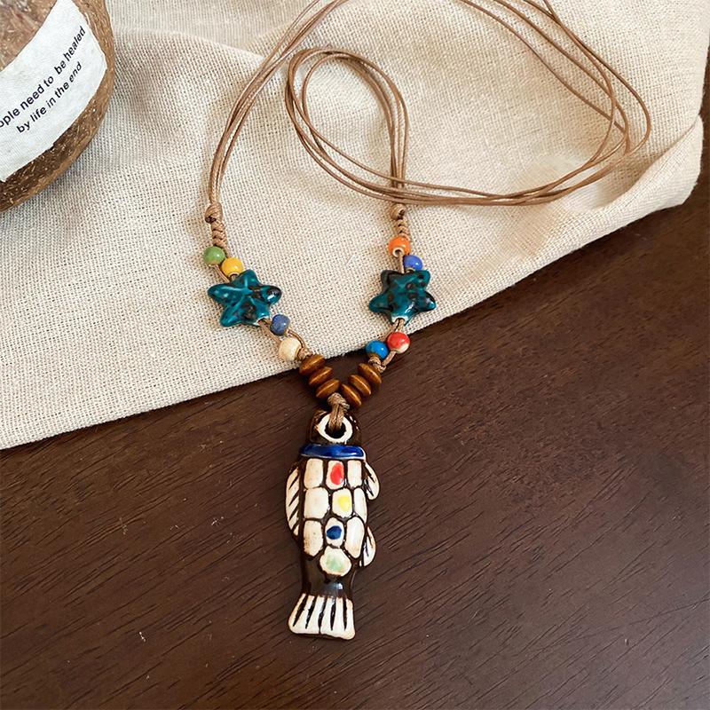 Ethnic Style Y-Shaped Ceramic Fish Necklace for Women Wooden Rope Handmade Bead Tassel Charm Bohemian Style Exquisite Accessory