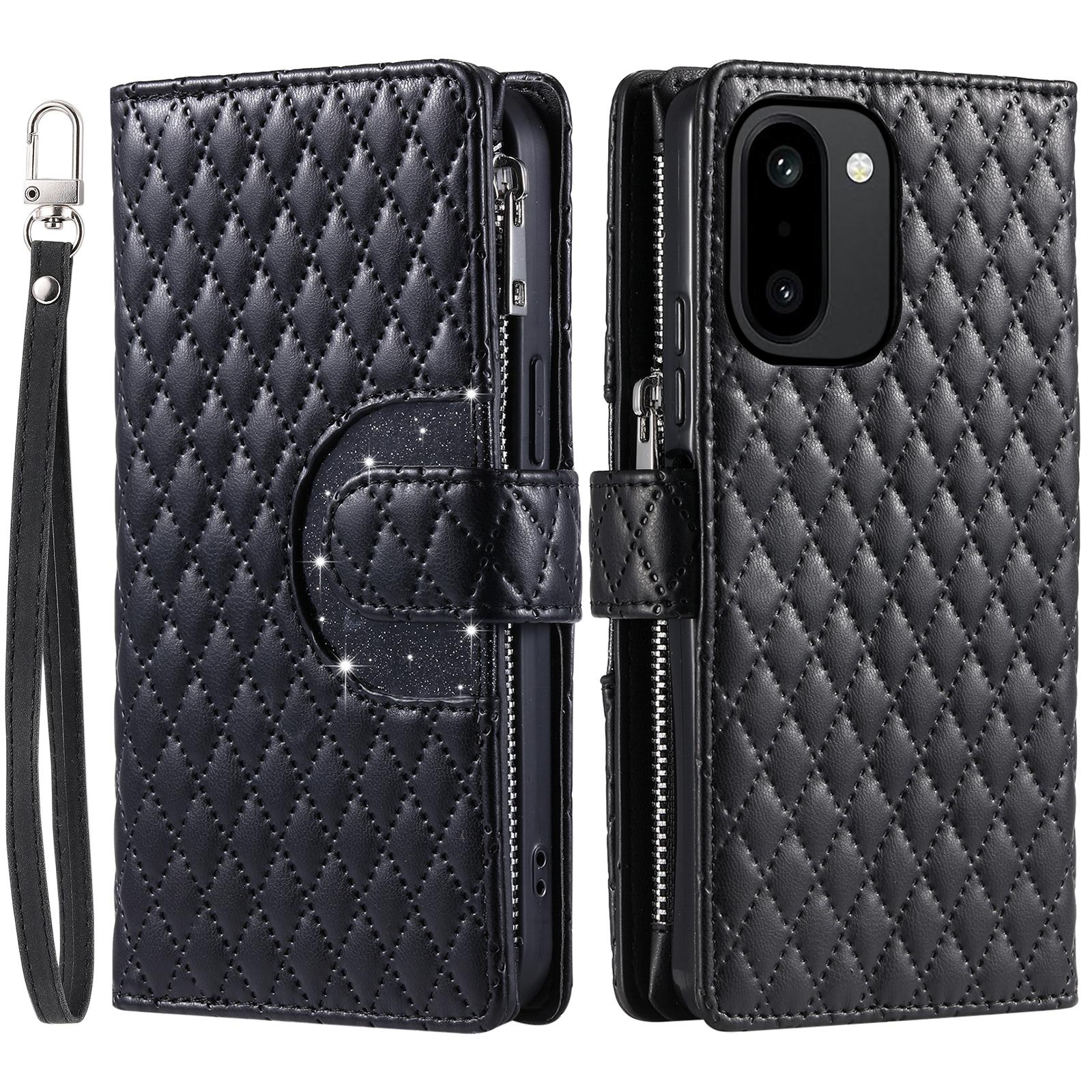 

For OnePlus 15R 5G Case Zipper Pocket Glitter Leather Phone Cover with Wrist Strap
