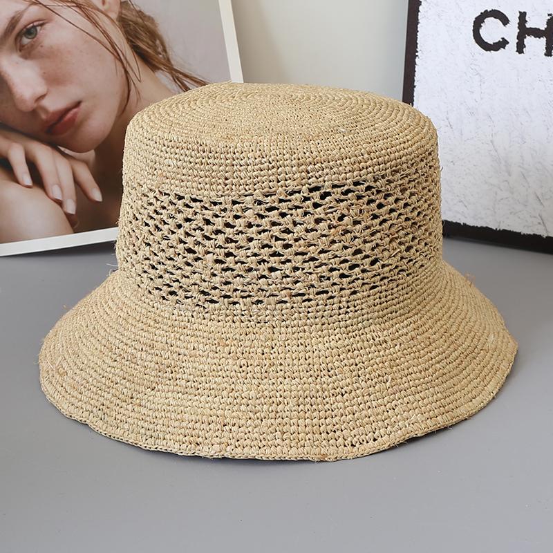 

Laffite Straw Bucket Hat Breathable Hollow Design Outdoor Sun Hat Summer Fashion Accessory 52-58cm