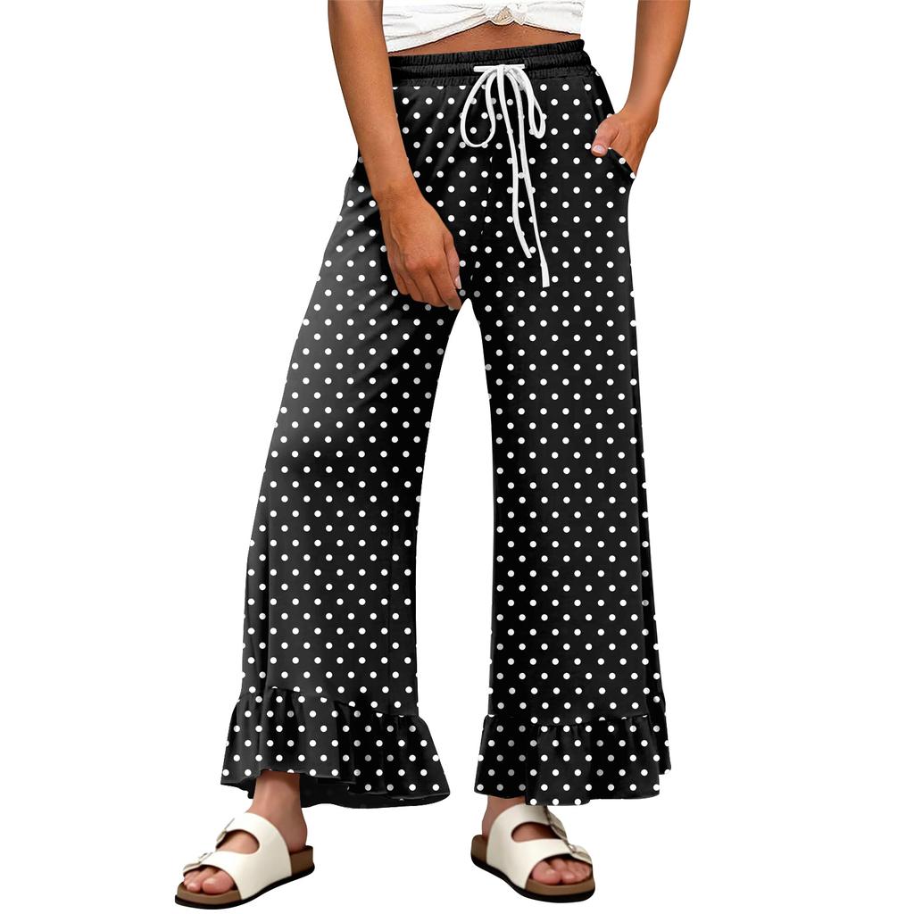 Women's Wide-Leg Casual Pants With Drawstring, Stretch, High Waist, Ruffled Hem, Wide Legs, Belted, And Pockets