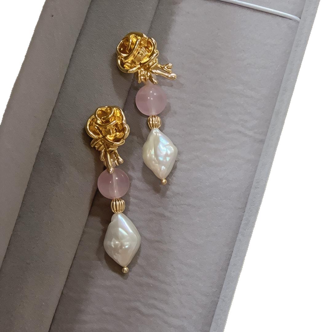 Lan Yun Original Rose Garden Story Natural Freshwater Pearl Earrings Oil Painting Vintage French Baroque Silver Needle Earrings Silver needle