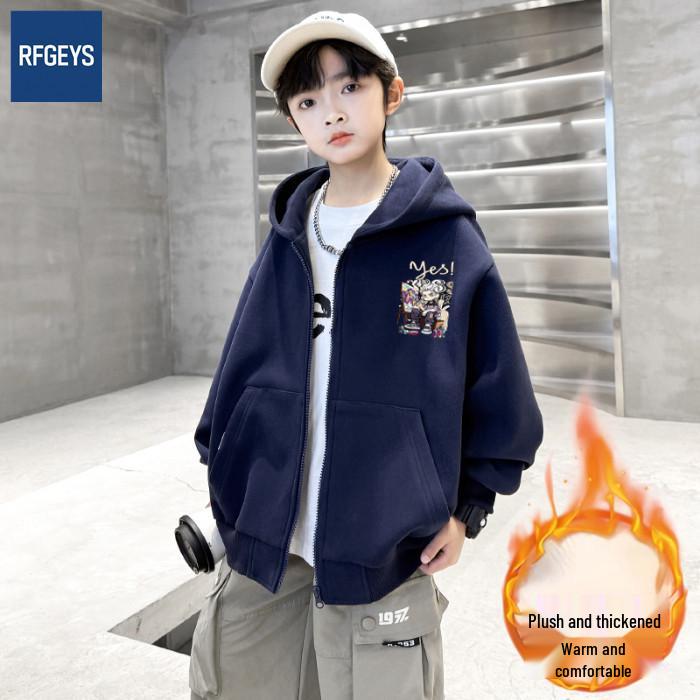 Boys' Casual Hooded Fleece-Lined Sweatshirt - Autumn/Winter Loose Fit Cardigan Jacket for Kids