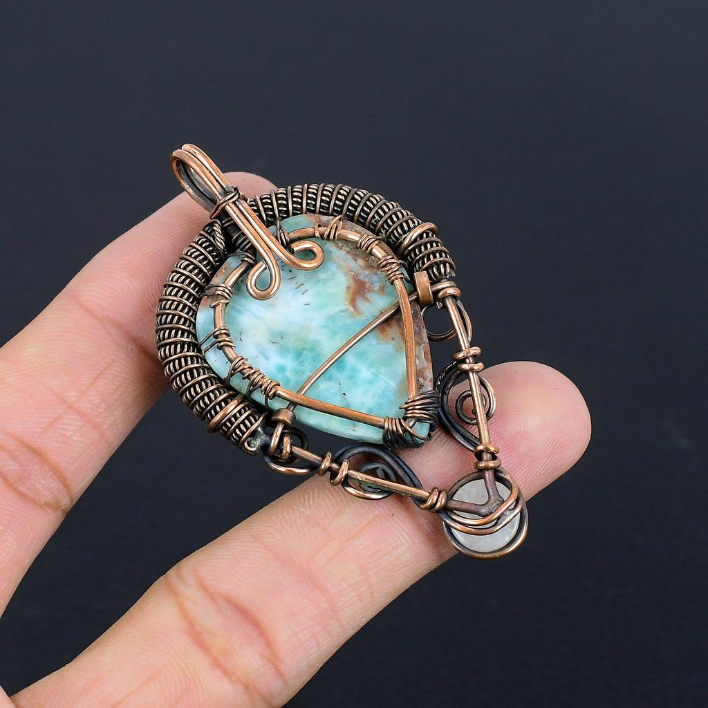 Tree Of Life Larimar Pendant Gemstone Jewelry, 999 Copper Wire Wrapped Pendant, Handmade Jewelry Birthstone Pendant, Gift For Him