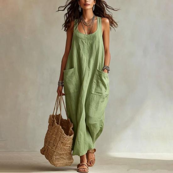 Summer Maxi Dresses for Women, Square Neck Sleeveless Casual Loose Long Dress, Beach Vacation Sundress with Pockets