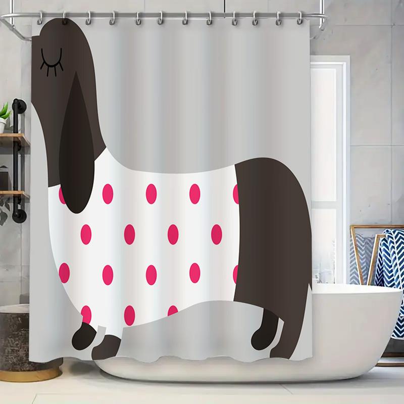 

Animal-Themed Shower Curtain Waterproof Bathroom Decor Black White Dog Design With Pink Polka Dots On White Bath Mat Shower Curt W60H190(CM)-1 Pcs