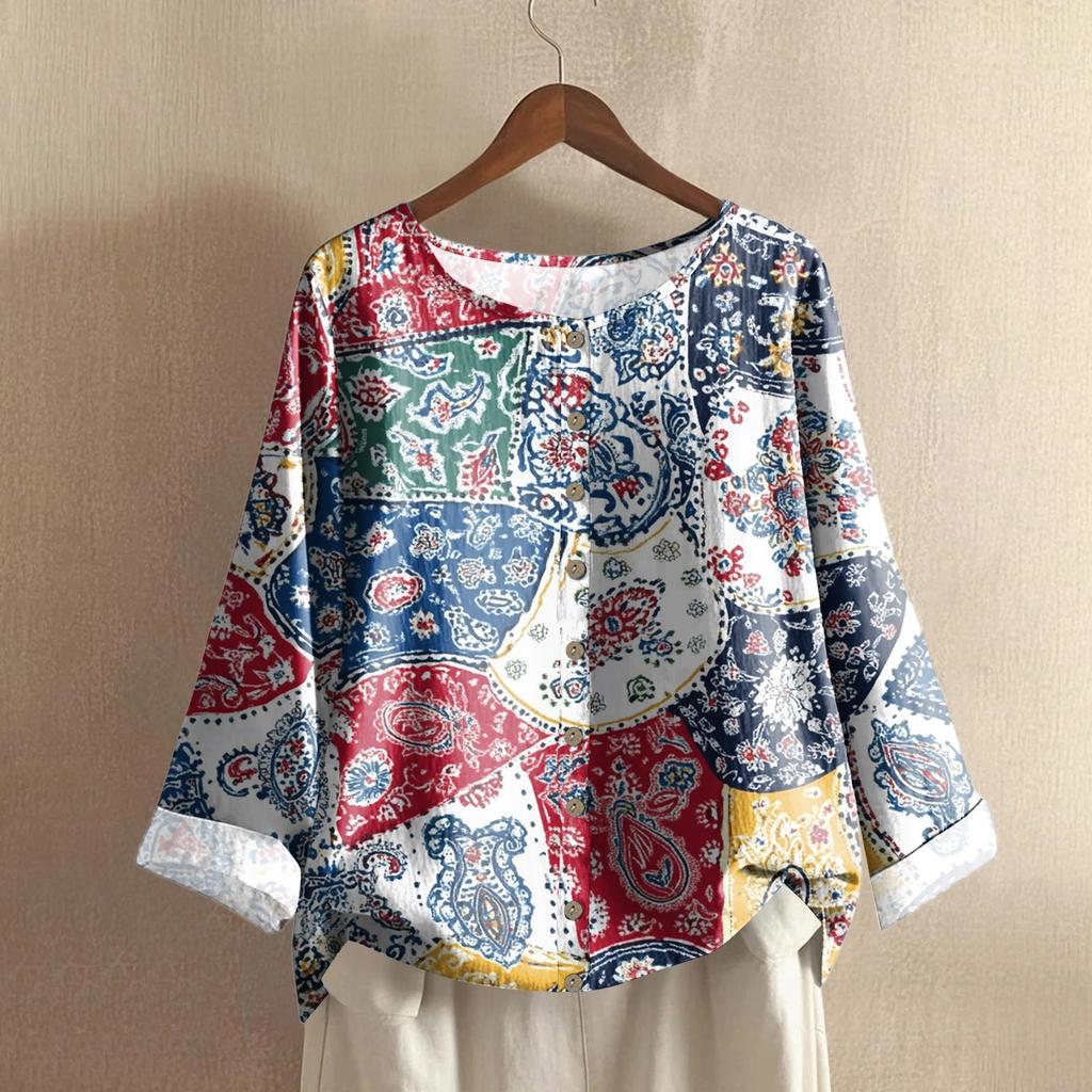 Women's Casual Long-sleeved Round-neck Retro Gradient Printed Cotton And Linen Top