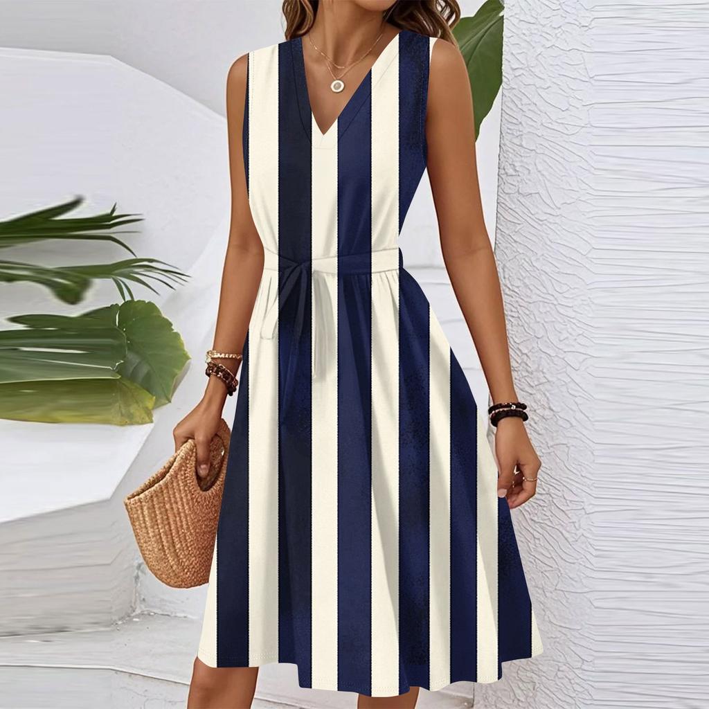 Women's Summer Fashion Loose V-Neck Sleeveless Lace-Up Striped Print Dress