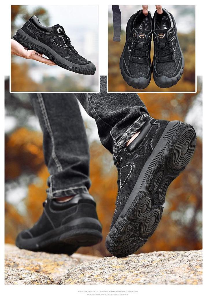 Men's Cowhide Hiking Shoes - Autumn/Winter, Soft Sole, Lace-up, Low-top, Outdoor Casual Travel Shoes