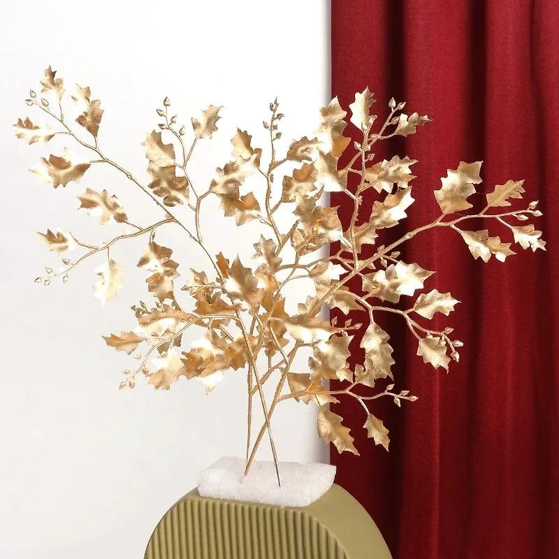1/3/5Pcs Maple Leaves Gold Artificial Flowers Eucalyptus Home Decoration Outdoor Party DIY Tree Branch Accessories Wedding Decor