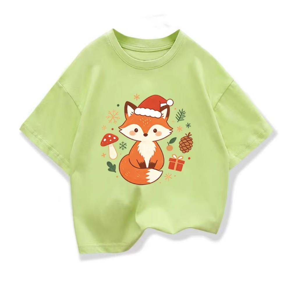 New Cute Cartoon Fox Printed Christmas Children's Gift T-shirt Summer Children's Short Sleeve Printed T-shirt Kids Tops Clothes