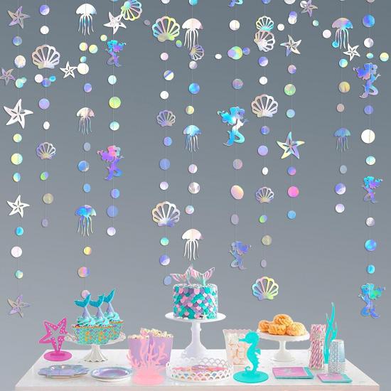 40 Ft Iridescent Mermaid Garland with Jellyfish Seashell Starfish Pearl Holographic Paper Streamer for Little Mermaid Rainbow Theme Birthday