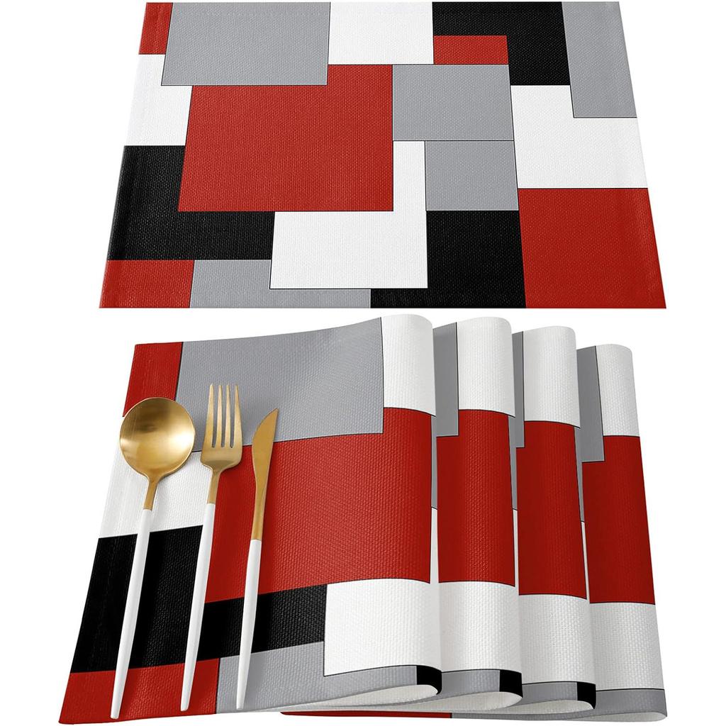 4/6/8 Pezzi Tovagliette Geometriche Mondrian Morbido Lino Tappetino da Tavola Ideale per Spazio da Pranzo Domestico Ornamento Pratico Quotidiano