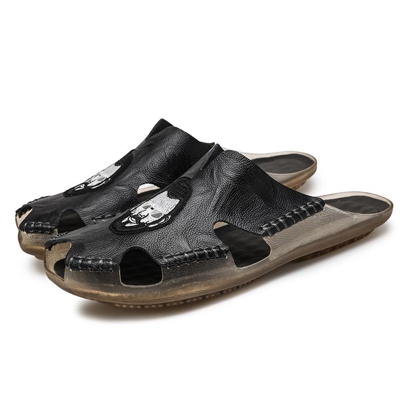 Summer Men's Flat Slippers Extra Wide Slide Sandals Outdoor Beach Open Toe Casual Soft Walking Leather Sandals