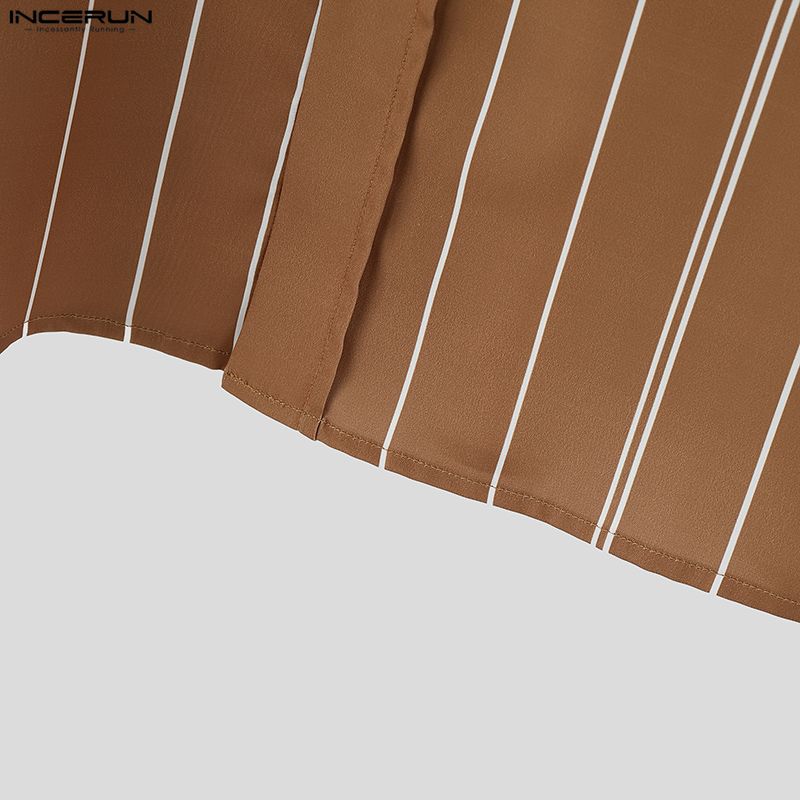 INCERUN Oversized Men Turn-down Collar Long Sleeve Striped Casual Loose Shirts