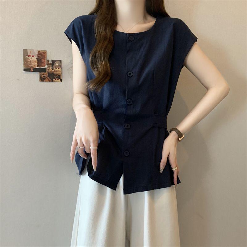 

Plus Size Irregular Button Short Sleeve Shirt, Summer Loose Waist-Cinched Top for Women S (60-80 kg) темно-синий