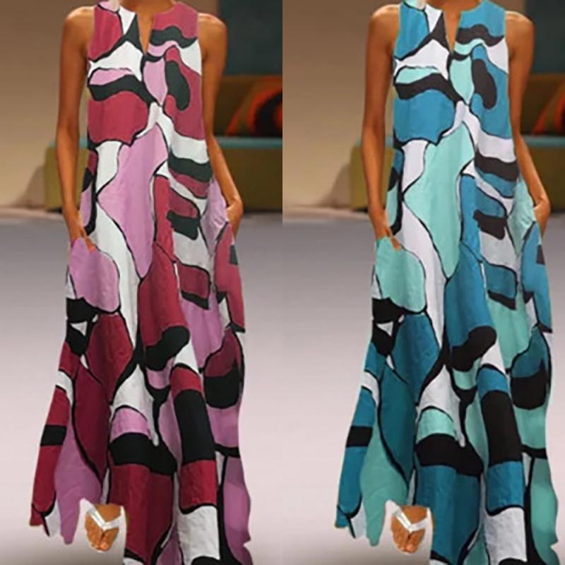 Elegant Women Long Maxi Dress Floral Print Split Hem Sleeveless Shirt Dress Plus Size For Every Occasion