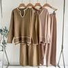 Autumn and Winter Women's Clothing U-neck Long-sleeved Knitted Sweater Set Split-ended Wide-leg Pants Knitted Two-piece Set for Women