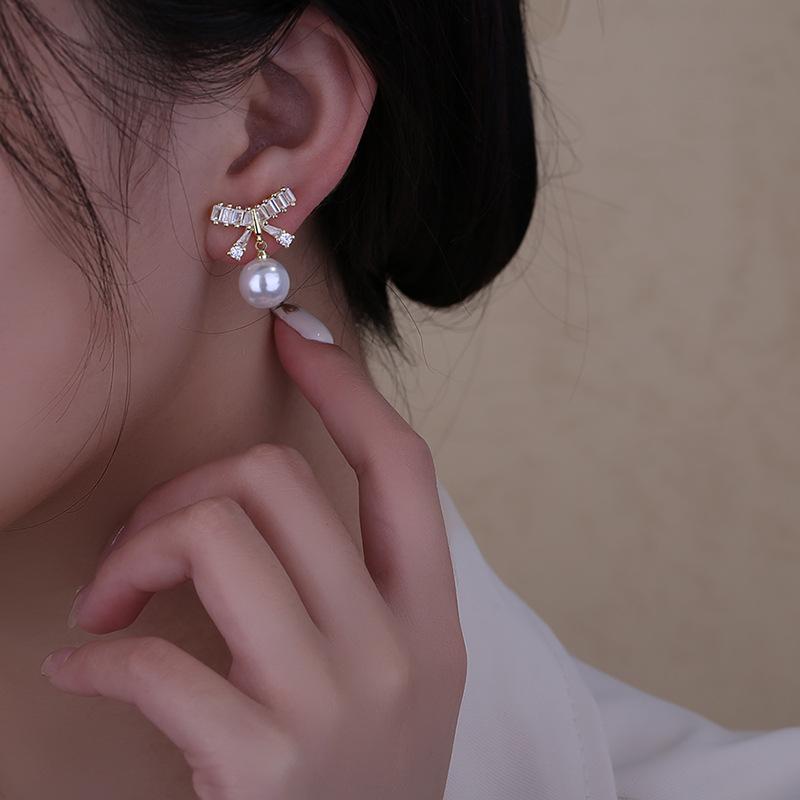 Luxury 14K Real Gold Plated Bow Stud Earrings for Women Delicate Micro Inlaid Cz Wedding Pearls Pendant Sterling Silver