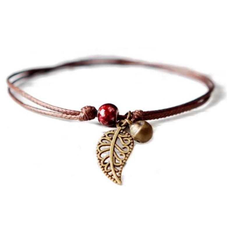Vintage Nature-Inspired Ceramic Bead Bracelet with Leaf Pendant for Couples