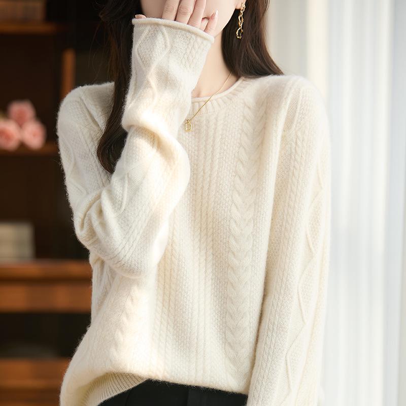 Women's 100% Pure Wool Round Neck Cable Knit Sweater - Thickened, Rolled Edge, Loose Fit for Autumn & Winter