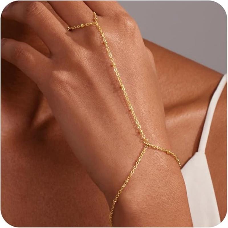 Gold CopperColor Bead Chain Bracelet For Women Trendy Ring Bracelet Hand Chain Finger Ring Slave Cuff Bracelet Mothers Day Gift