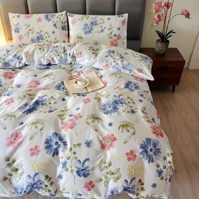 Floral Duvet Cover And Pillowcase 3Pcs Set, Polyester Set/2 Pillowcases/1 Duvet Cover/Student Bed/Double Bed/Full Size Bed/King