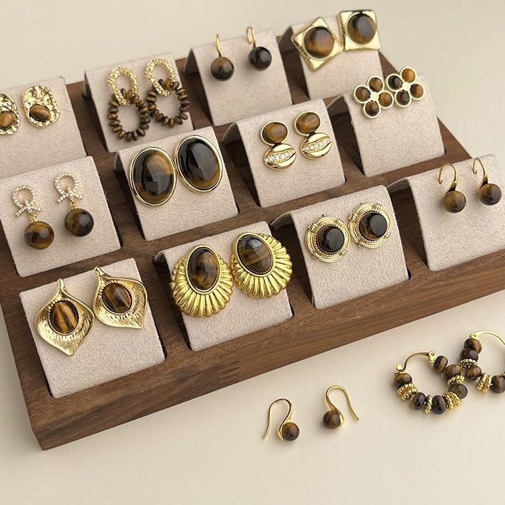 Tiger's eye geometric round earrings Maillard style stud earrings niche design earrings