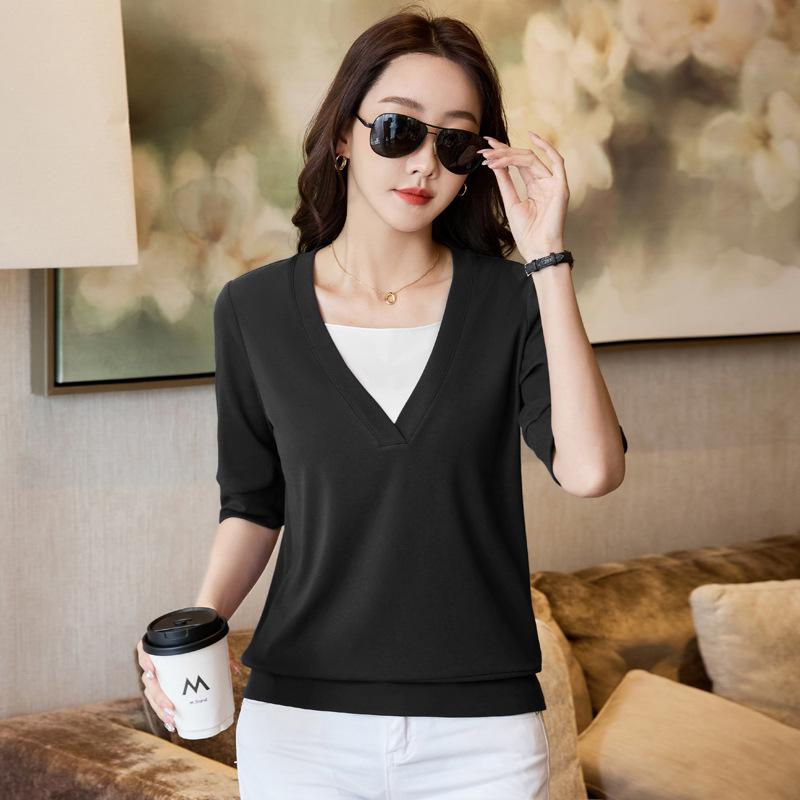 Summer Women's Blouse Clashing V-Neck T-Shirt Short Sleeve Top