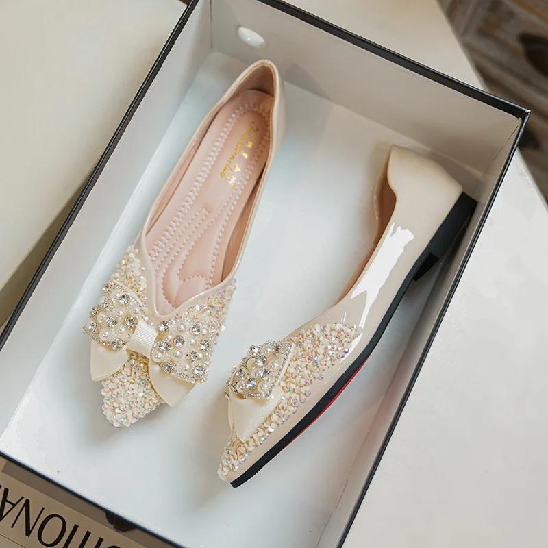 Fashion Flat Shoes for Women 2025 New Spring and Autumn Square Toe Shallow Rhinestone Bow Flat Scoop Shoes Women Ladies Plus Size 41-43