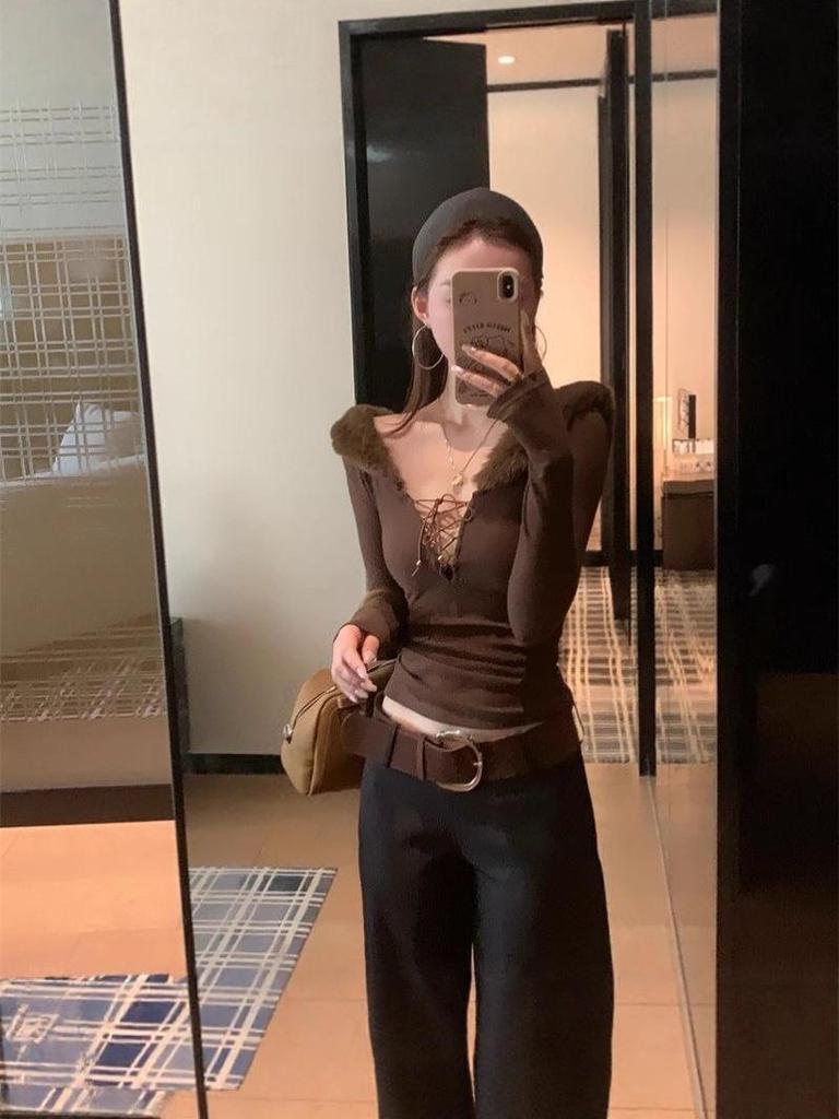 Women's Slim Fit Fur Collar Long Sleeve Top with Tie – Autumn/Winter Chic