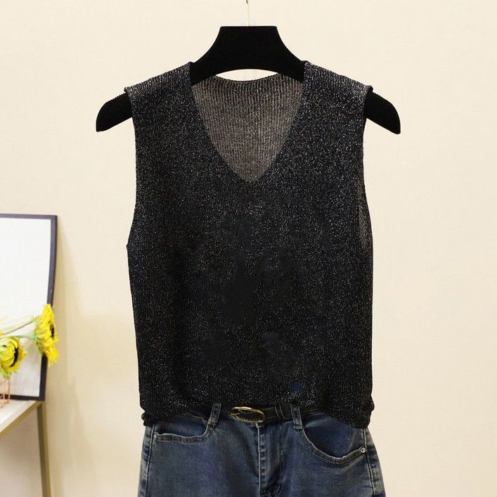 Loose Interior Plus Plus Sleeveless Ice Silk Knit Top with Rhinestones V-neck Camisole Women's Summer