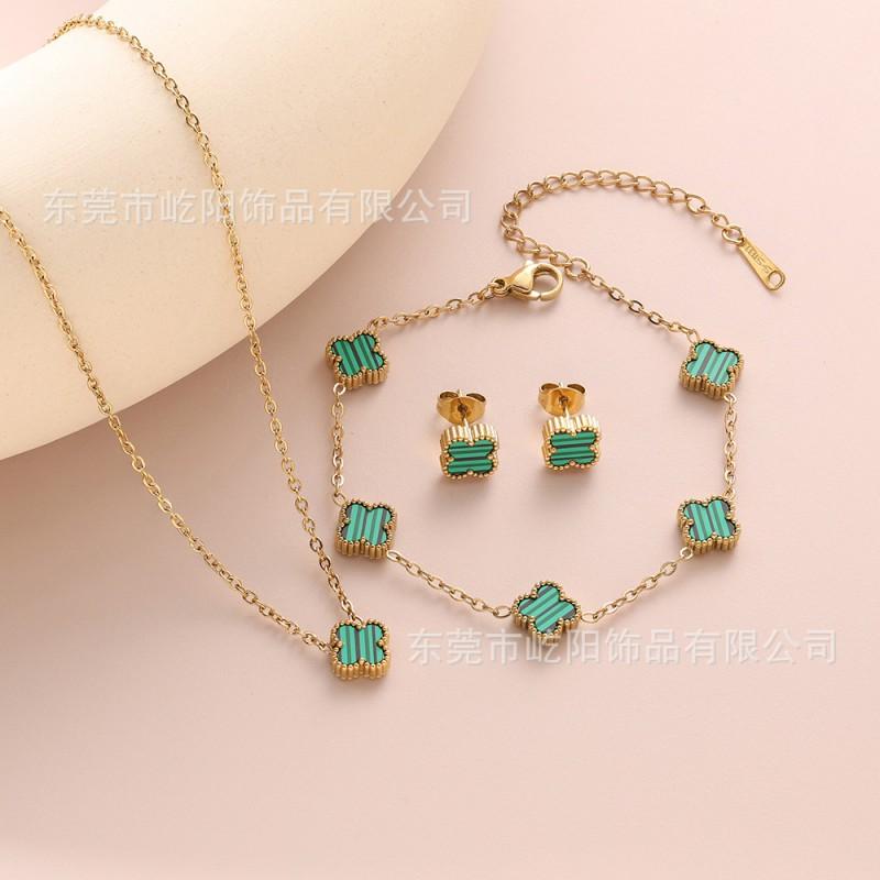Titanium Steel 18K Gold Plated Clover Pendant Necklace Bracelet Earring Set O-Chain Jewelry Men Women
