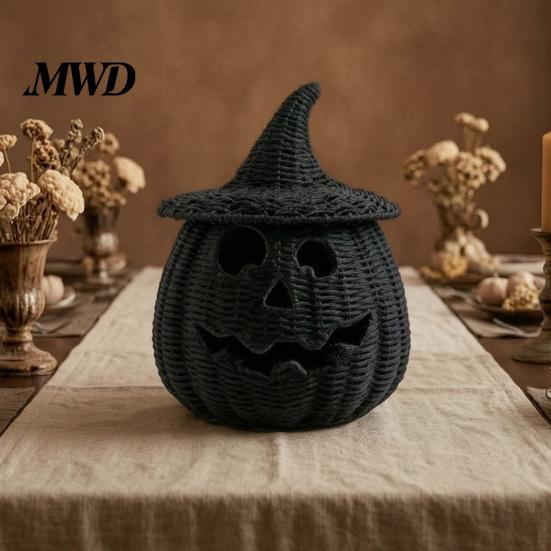 Herfst Buiten Decoratie Handgeweven Pompoenmand met Heksenhoed Deksel, Rustieke Vlechtwerk Trick Beschutte Veranda Decoratie of Snoepmand voor Buiten Halloween