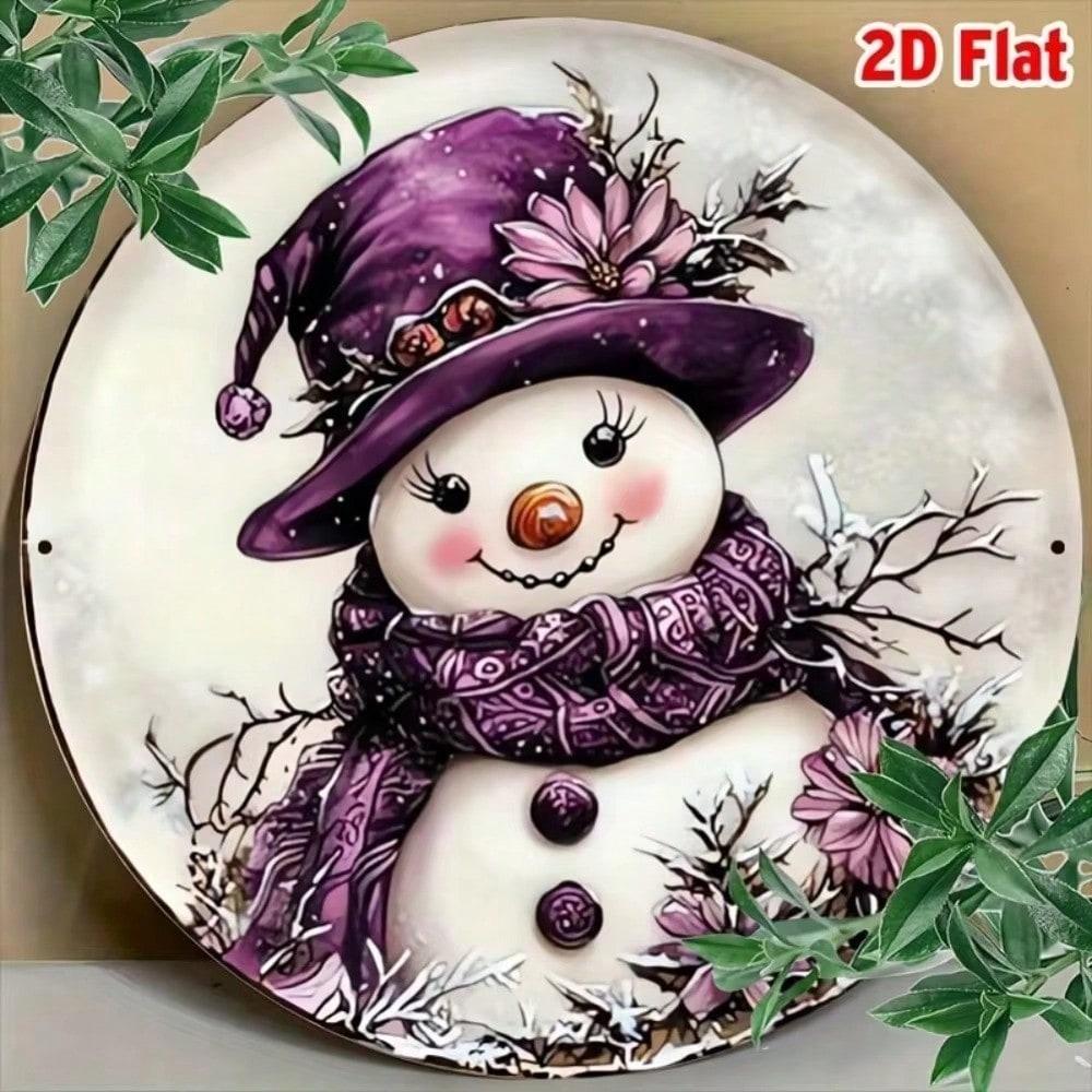 Purple Snowman Wreath Round Metal Wall Sign 8x8 Inch Christmas Holiday Home Decor Indoor Outdoor Hanging Ornament TYA56953-20X20CM разноцветный