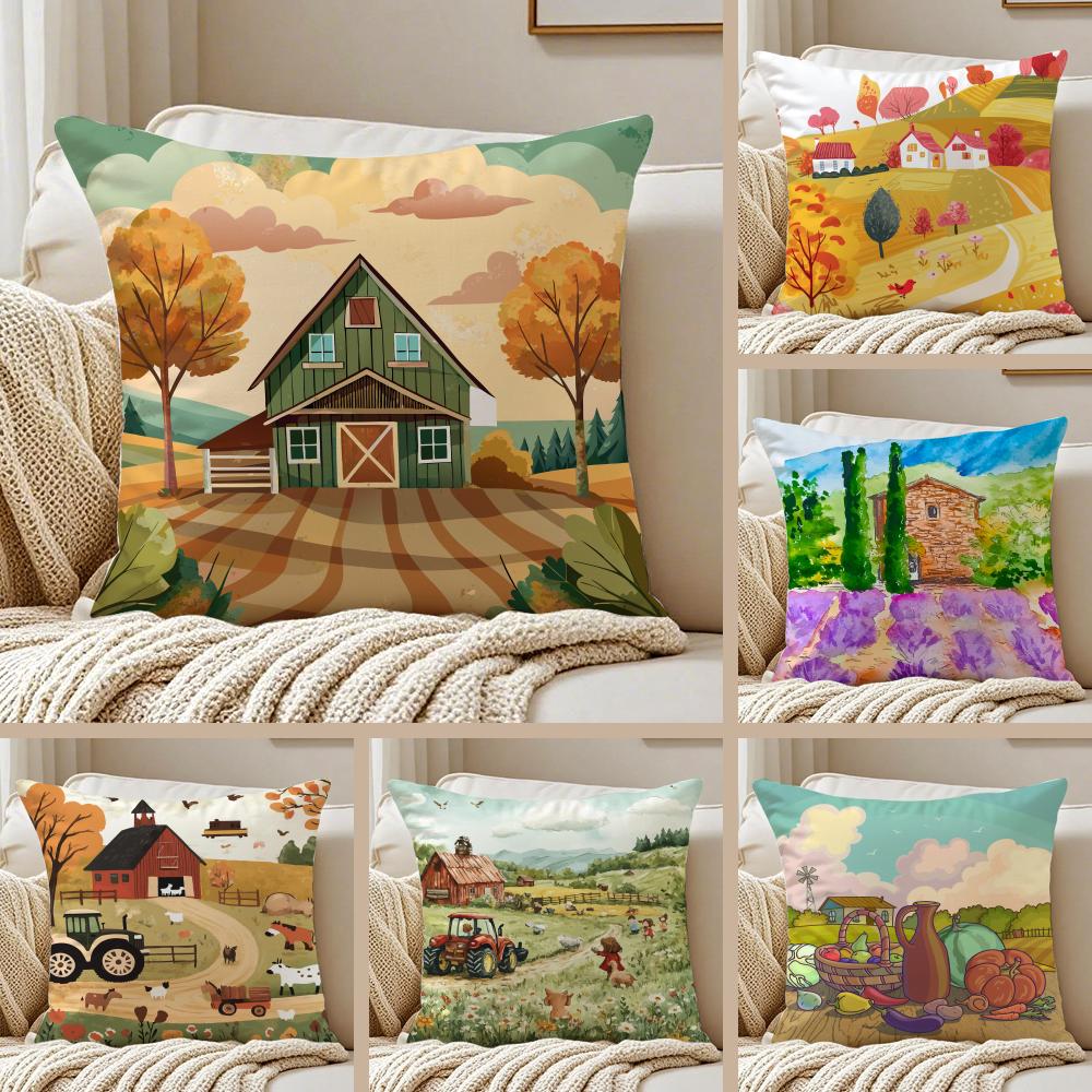 Colorful Farm Painting Pillow Case Silky Elegant Comfort Sofa Bed Invisible Zipper